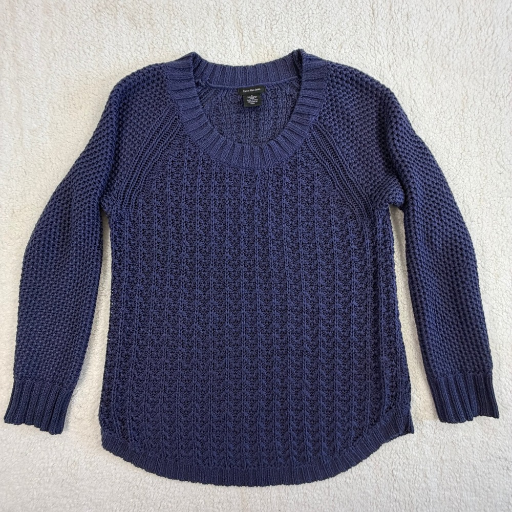 Calvin Klein Navy Mixed Knit Scoop Neck Sweater Size M Excellent